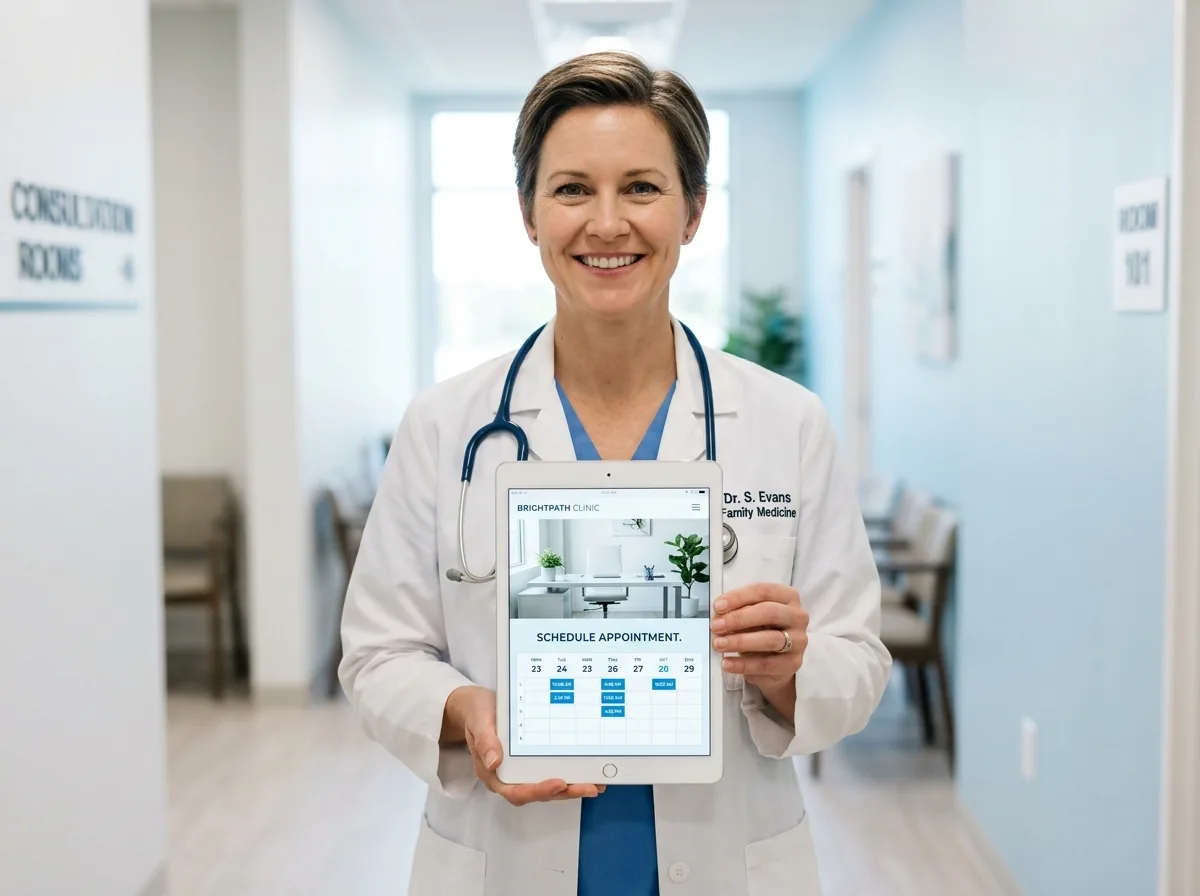 Doctora mostrando en una tablet el sitio web clínico de un centro médico, demos en vivo de Primer Paso Digital