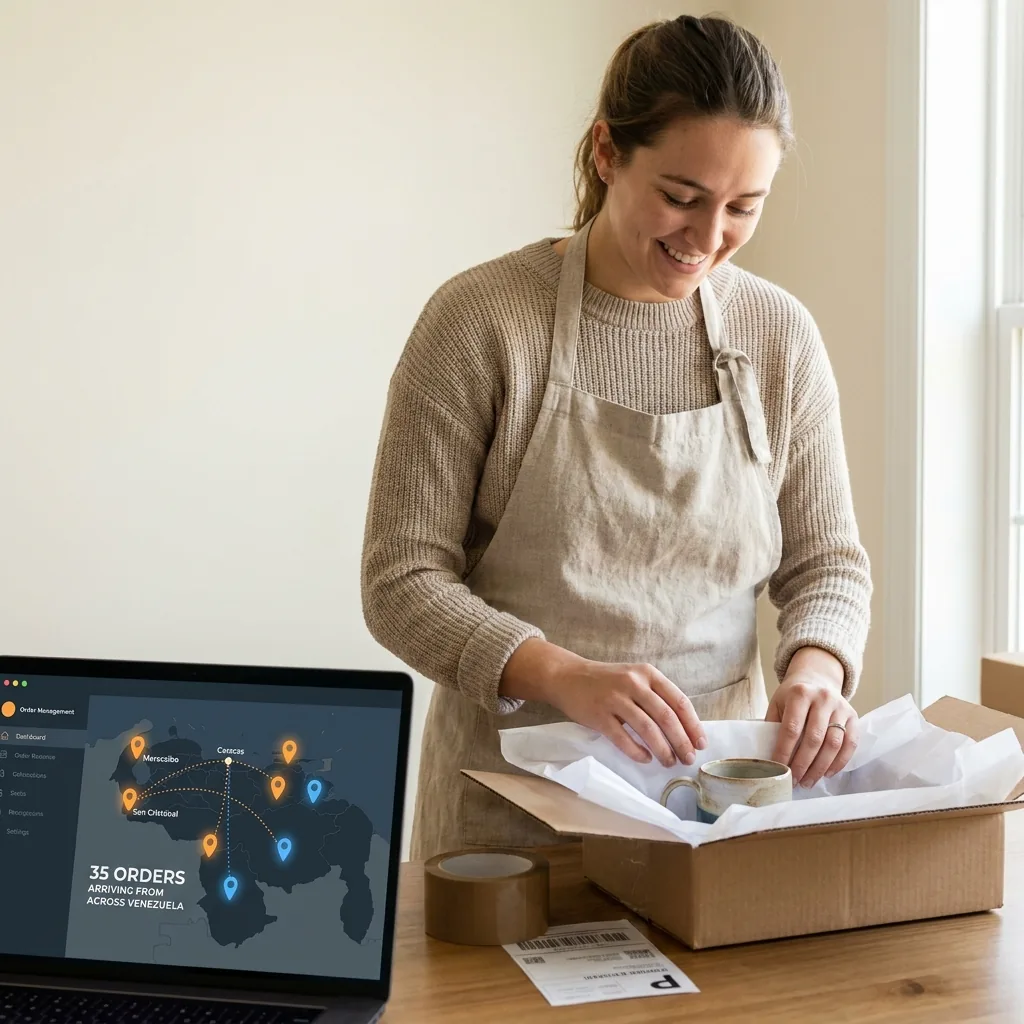 Emprendedora empacando un pedido junto a una laptop con un mapa de pedidos en varias ciudades de Venezuela