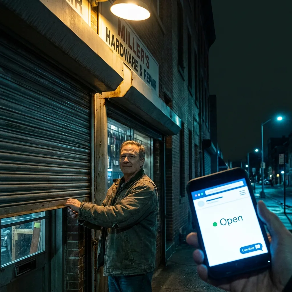 Dueño de un local cerrando su tienda de noche mientras su tienda virtual sigue activa en el celular