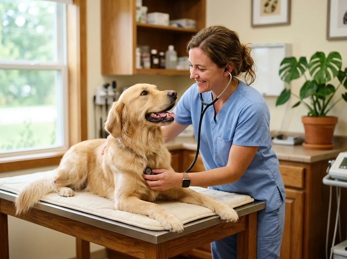 Veterinaria examinando con cariño a un perro golden retriever en la clínica El Roble